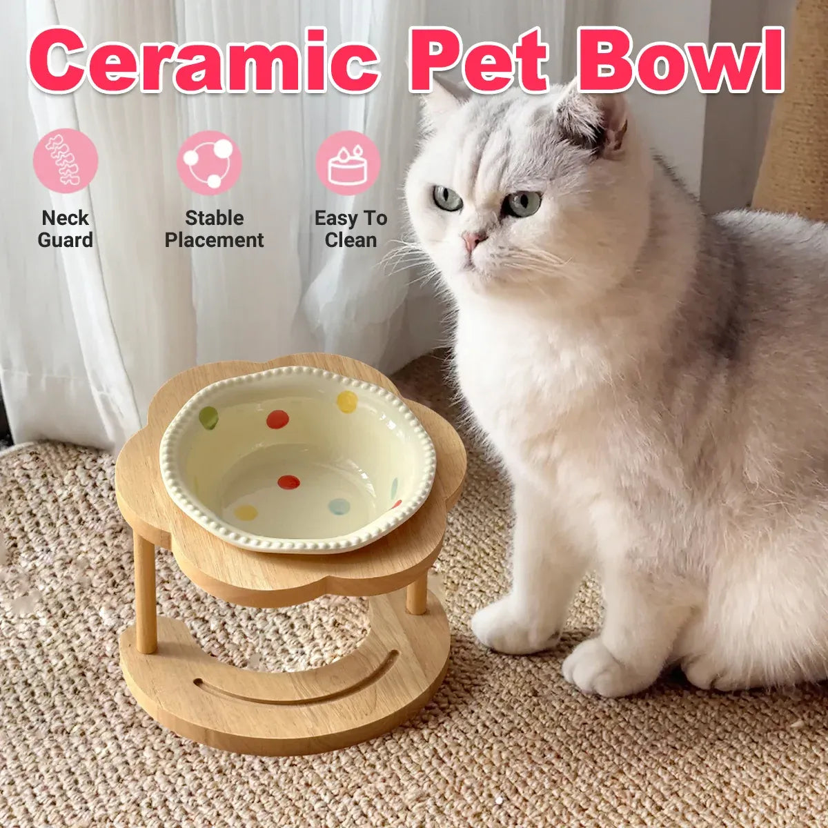 Raised Ceramic Pet Feeding Bowl with Wooden Stand – Beige, 450 mL