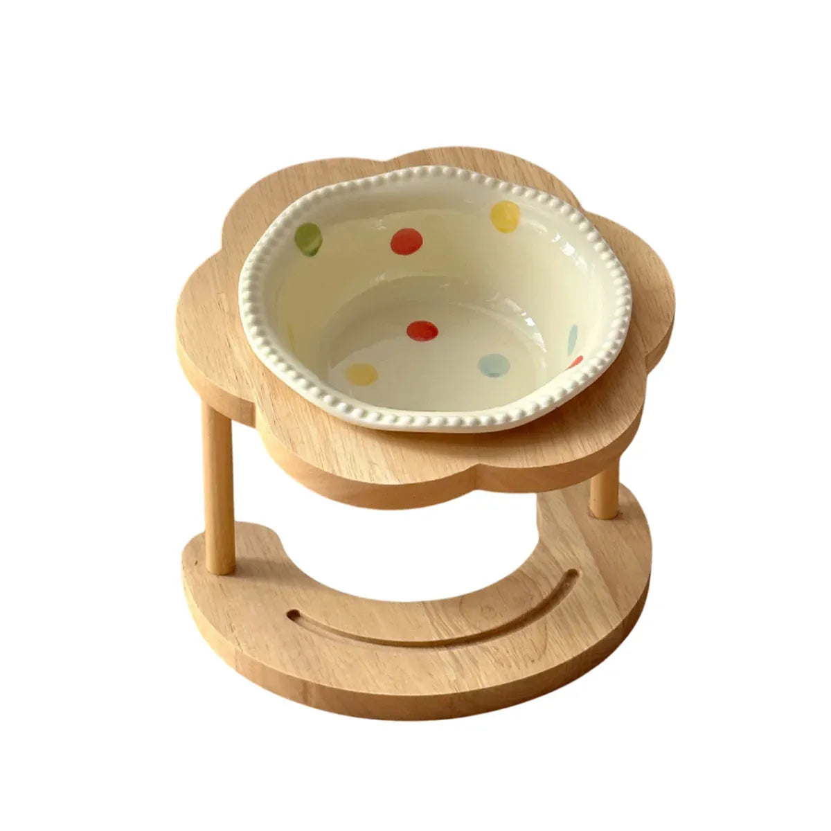 Raised Ceramic Pet Feeding Bowl with Wooden Stand – Beige, 450 mL