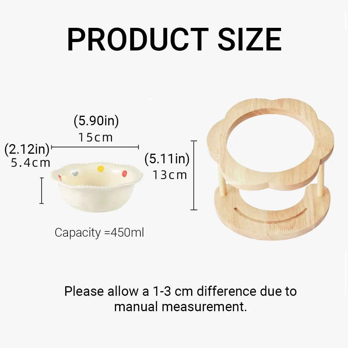 Raised Ceramic Pet Feeding Bowl with Wooden Stand – Beige, 450 mL