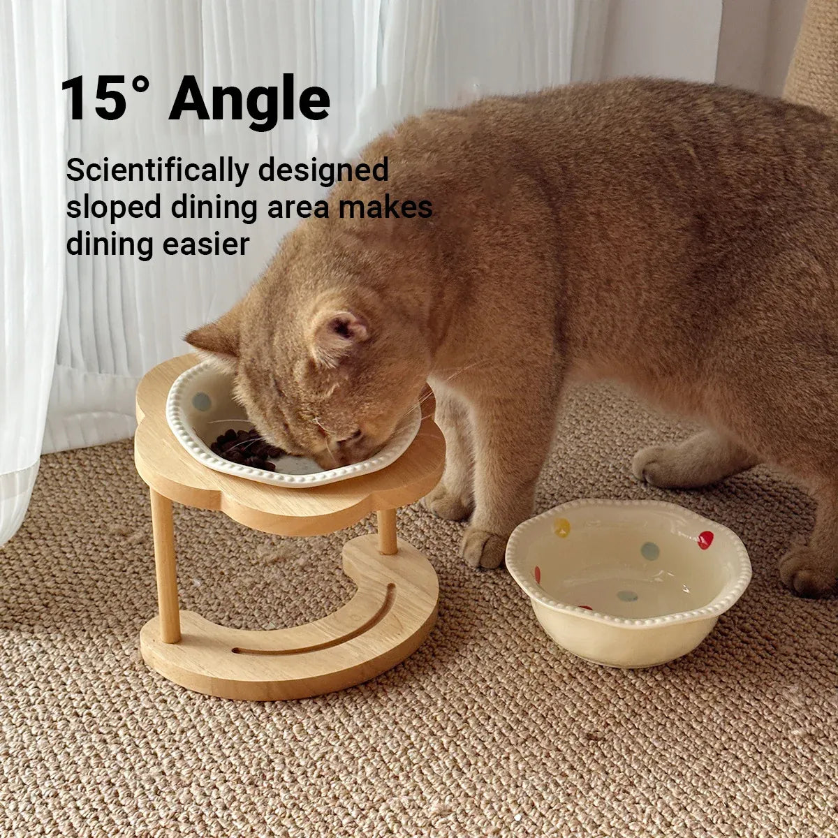 Raised Ceramic Pet Feeding Bowl with Wooden Stand – Beige, 450 mL