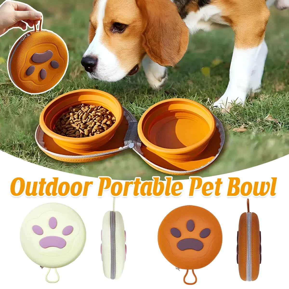Collapsible Double Pet Feeding Bowl - Beige, 33 cm
