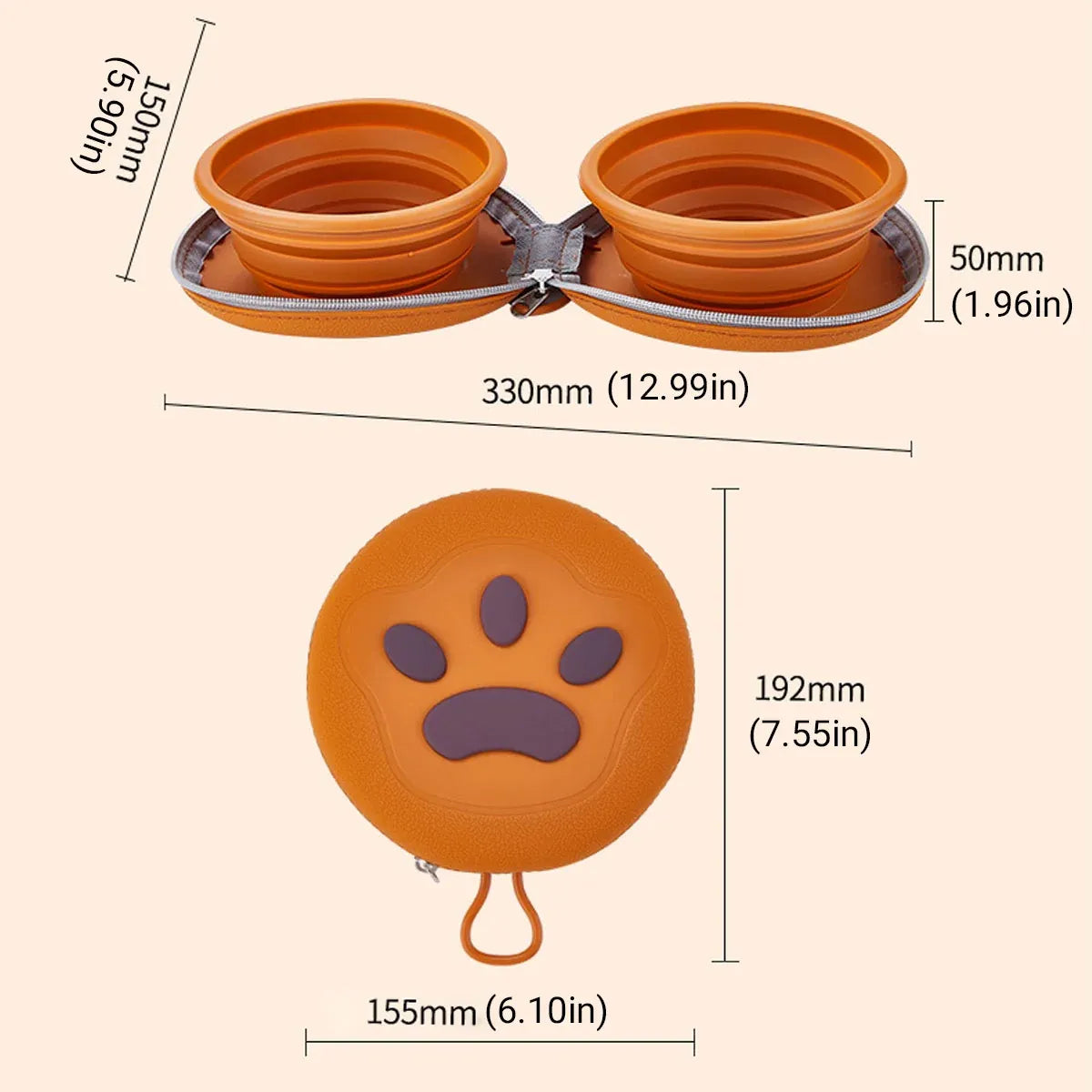 Collapsible Double Pet Feeding Bowl - Beige, 33 cm