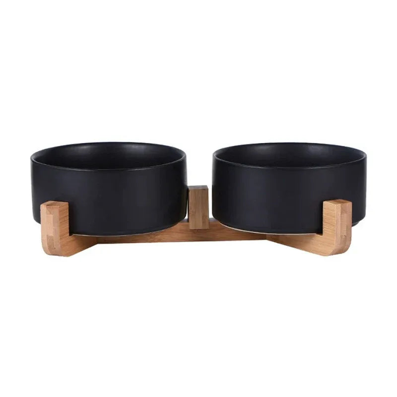 Double Ceramic Pet Feeding Bowls with Bamboo Stand - Black