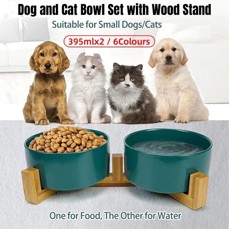 Double Ceramic Pet Feeding Bowls with Bamboo Stand - Black