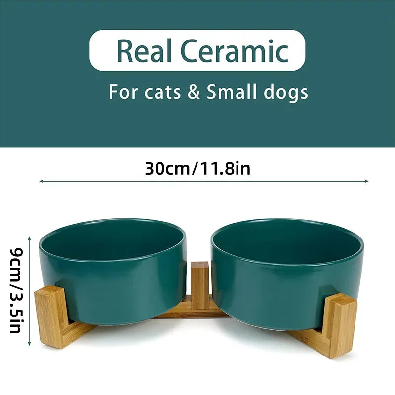Double Ceramic Pet Feeding Bowls with Bamboo Stand - Black