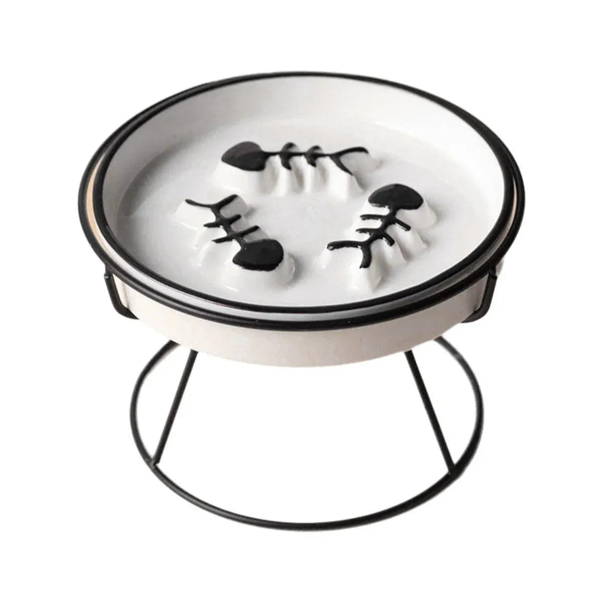 Ceramic Slow-Feeder Cat Bowl with Tray - Black/Black