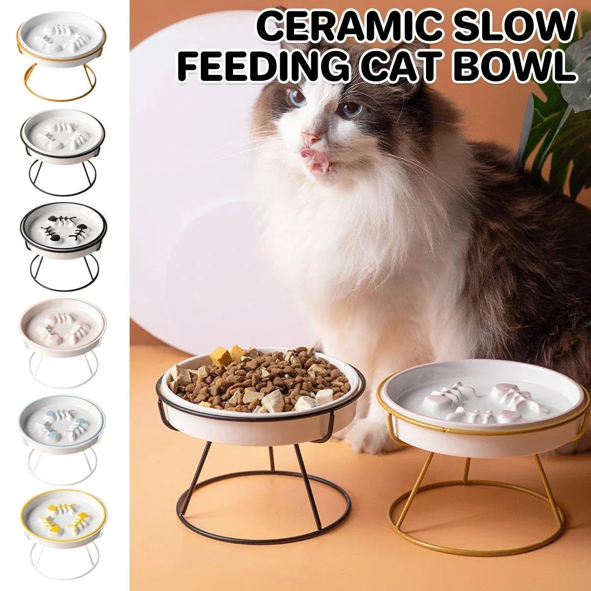 Ceramic Slow-Feeder Cat Bowl with Tray - Black/Black