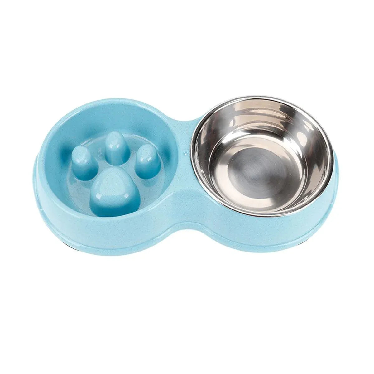 Double Pet Feeding Bowl with Paw-Pattern Slow-Feed Section - Blue