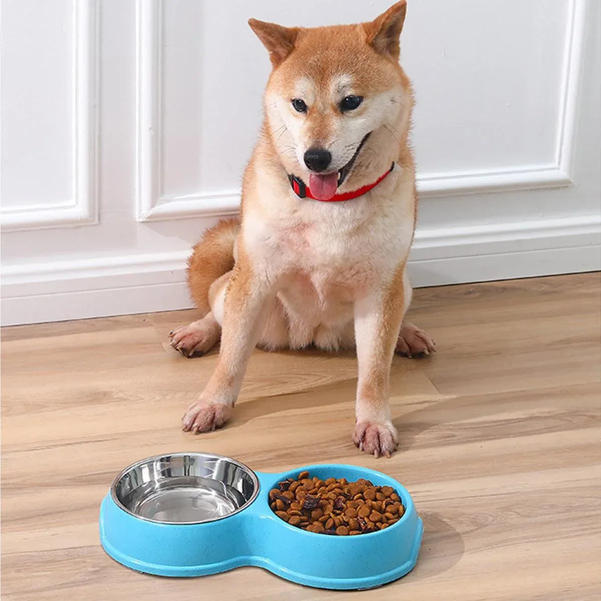 Double Pet Feeding Bowl with Paw-Pattern Slow-Feed Section - Blue