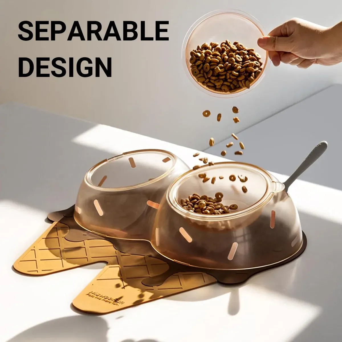 Ice Cream-Style Double Pet Feeder with Mat & Spoon - Brown