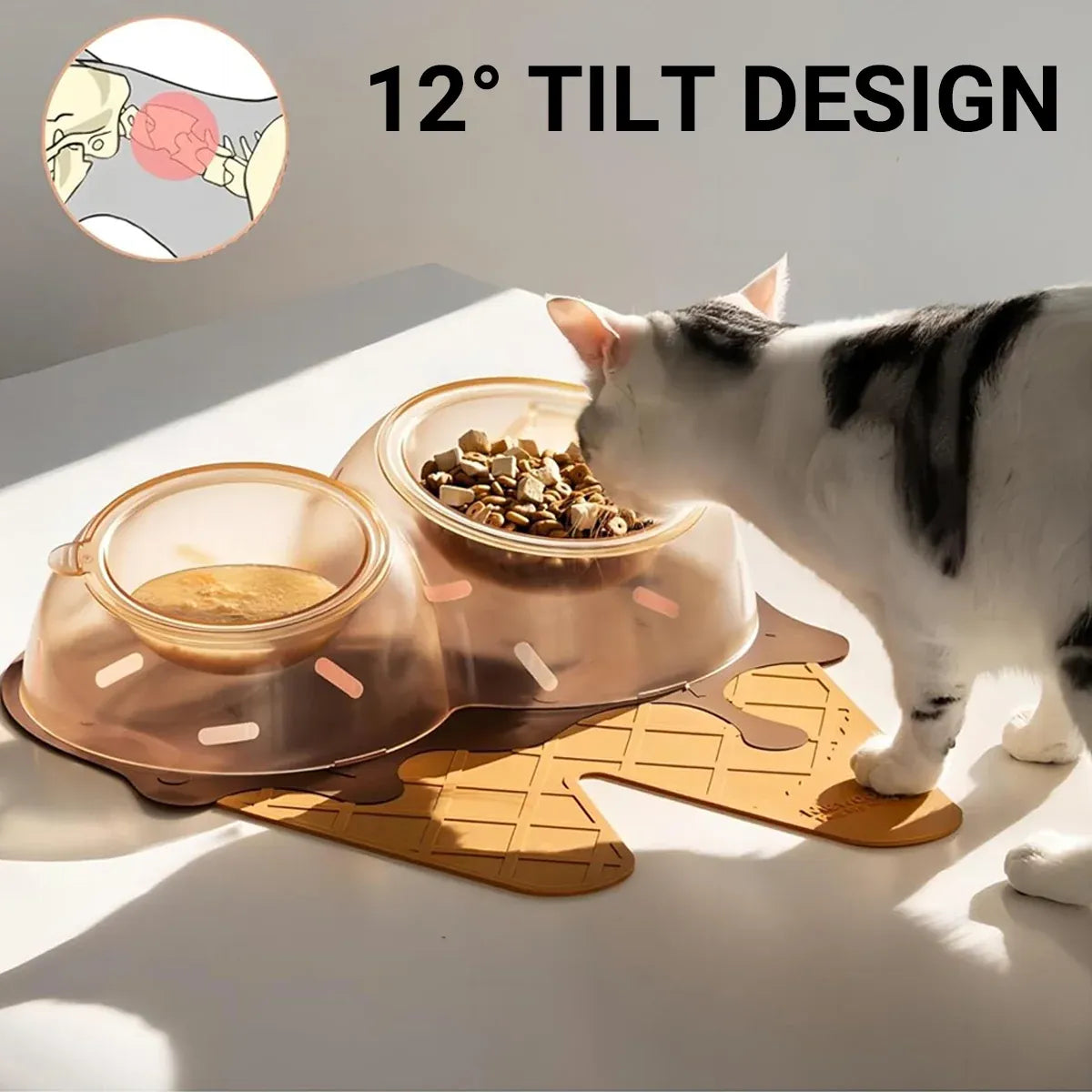 Ice Cream-Style Double Pet Feeder with Mat & Spoon - Brown