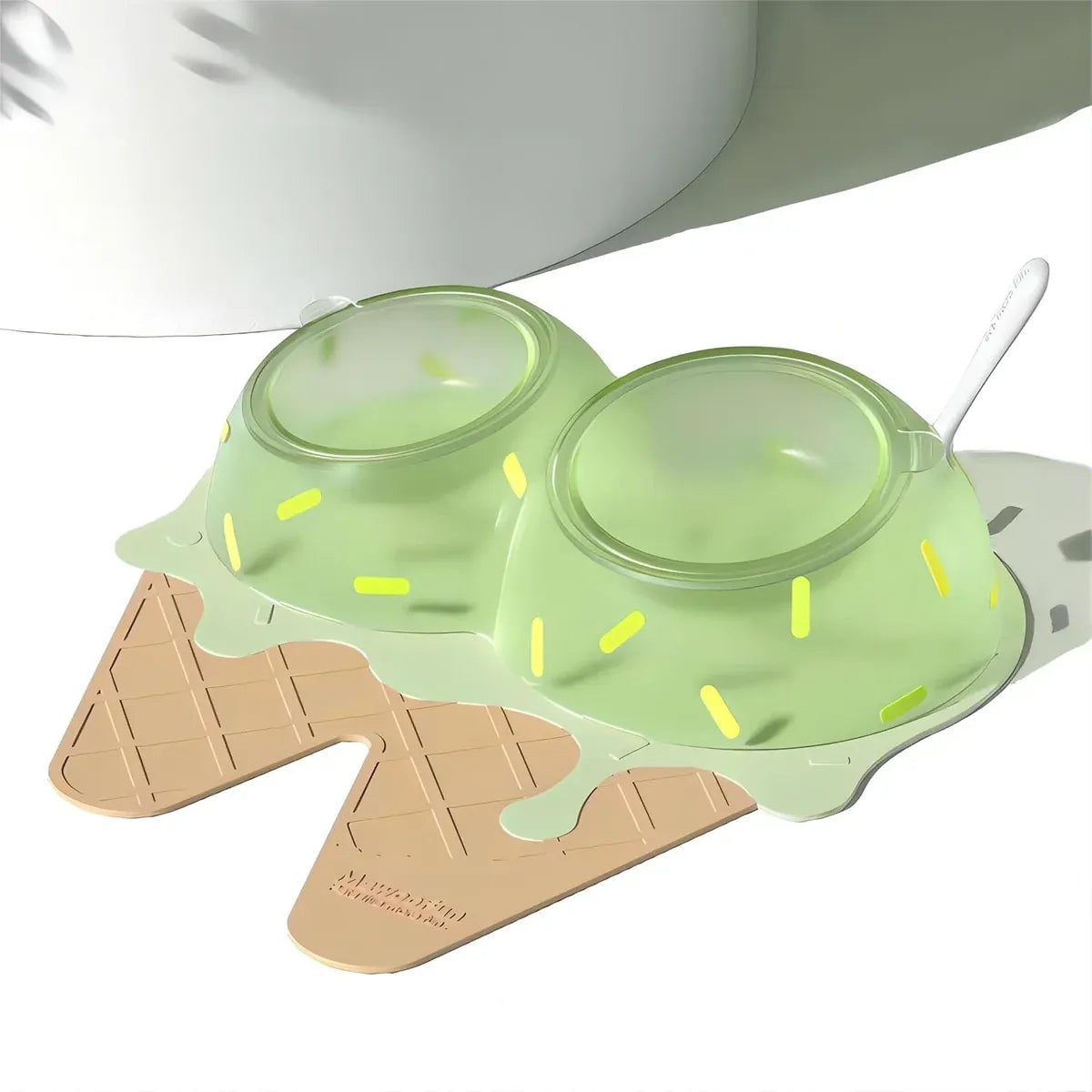 Ice Cream-Style Double Pet Feeder with Mat & Spoon - Brown