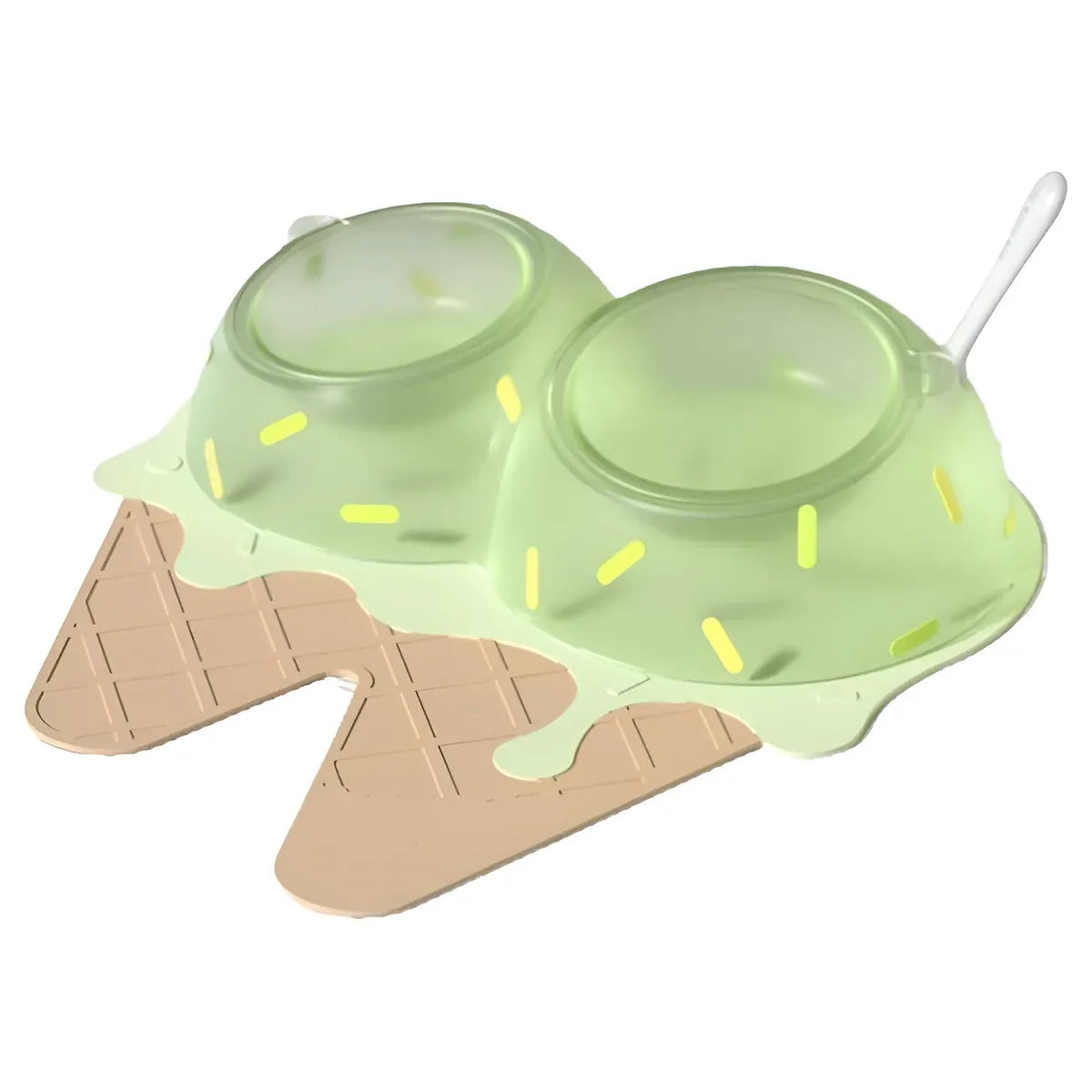 Ice Cream-Style Double Pet Feeder with Mat & Spoon - Green