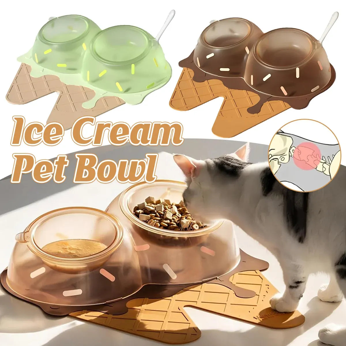 Ice Cream-Style Double Pet Feeder with Mat & Spoon - Green