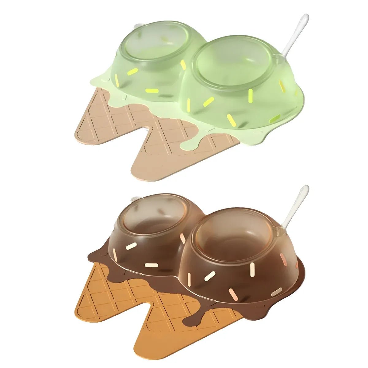 Ice Cream-Style Double Pet Feeder with Mat & Spoon - Green