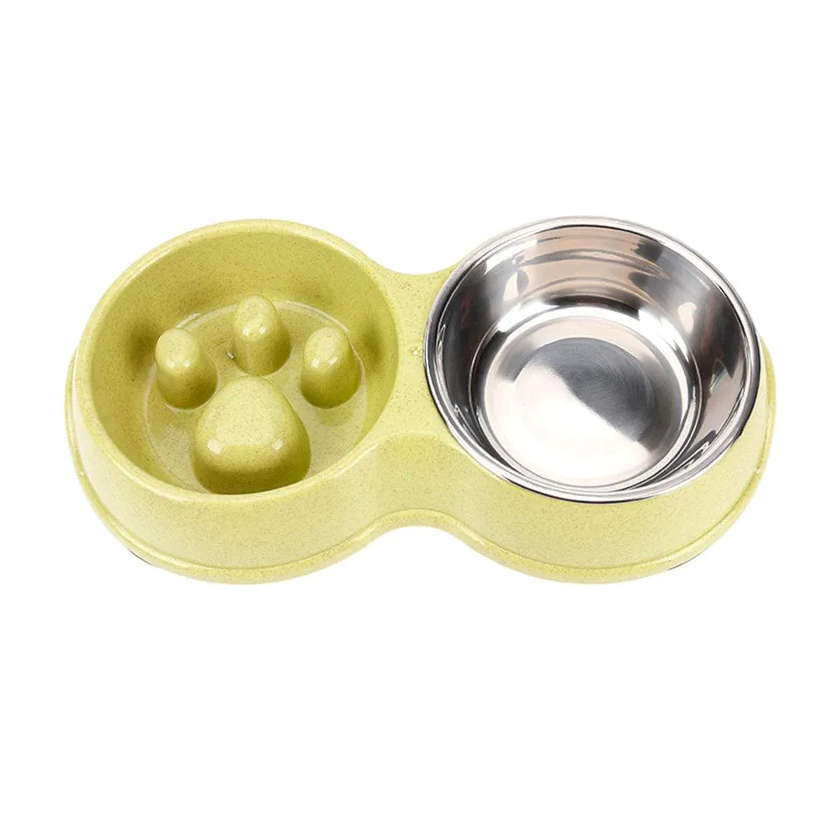 Double Pet Feeding Bowl with Paw-Pattern Slow-Feed Section - Green