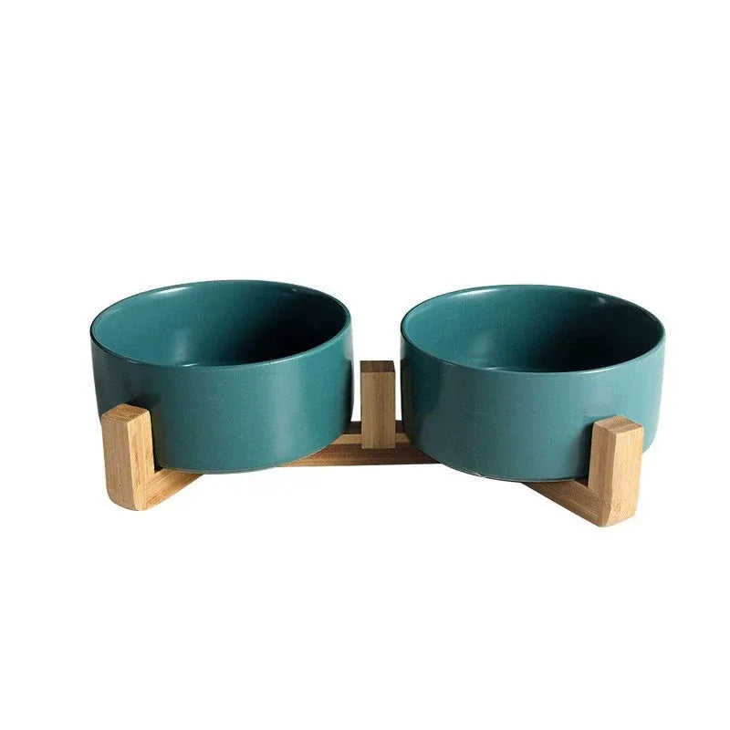 Double Ceramic Pet Feeding Bowls with Bamboo Stand - Green