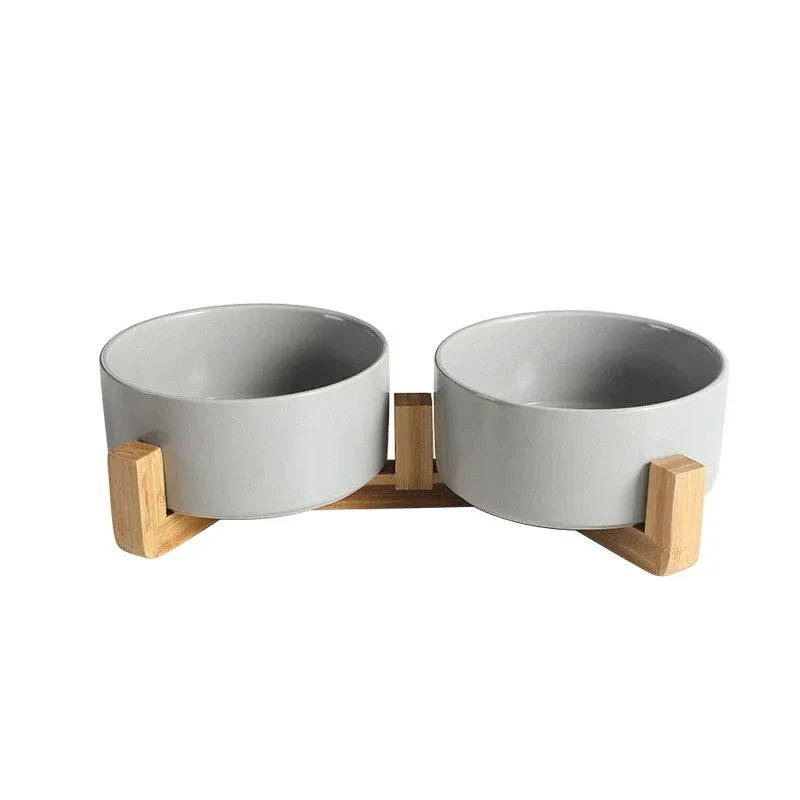 Double Ceramic Cat & Dog Feeding Bowls with Bamboo Stand - Grey