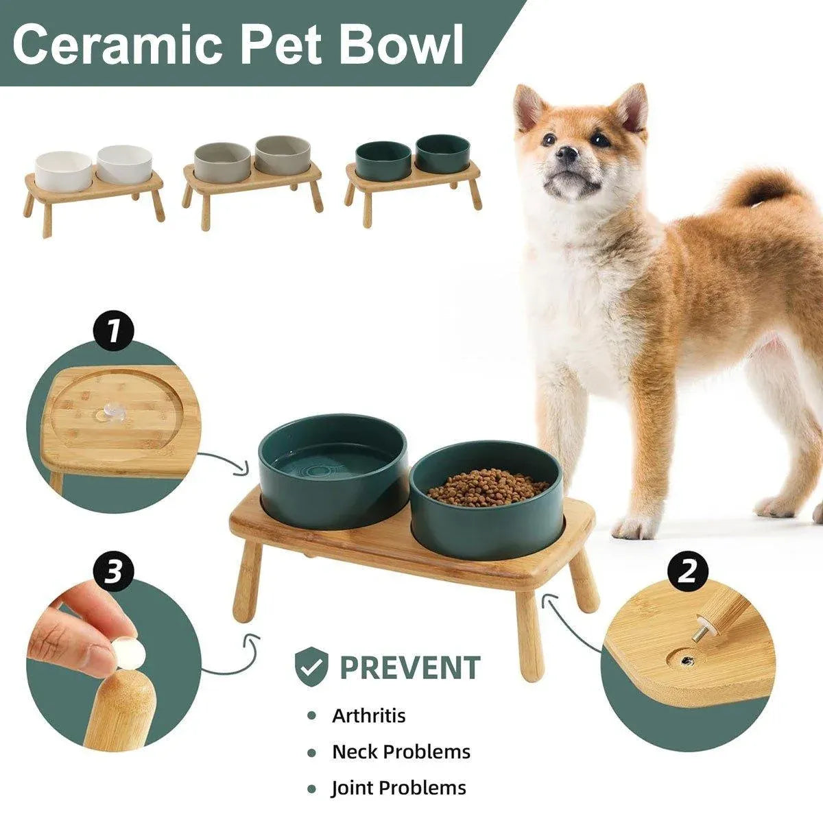 Elevated Ceramic Double Pet Feeding Bowls - Grey