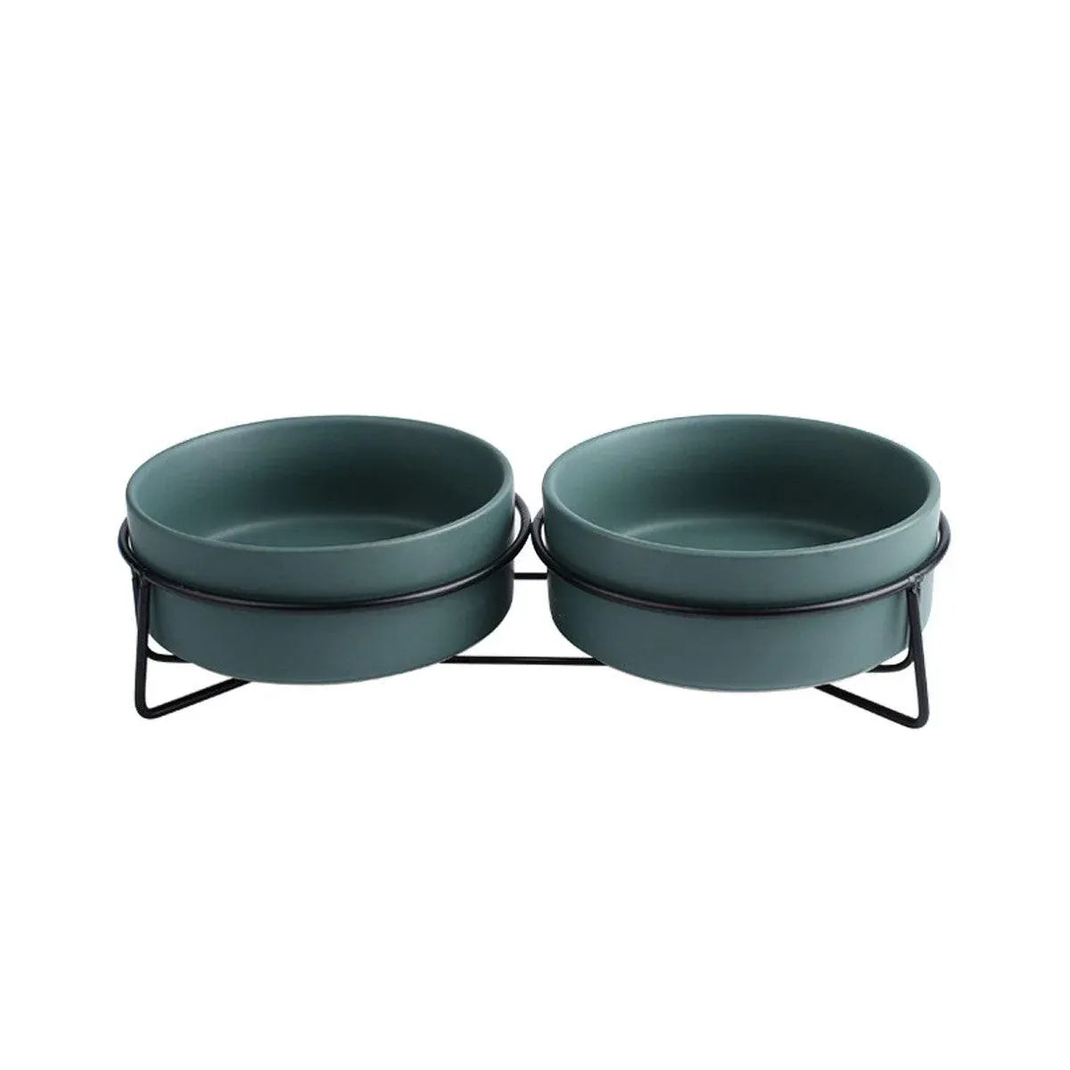 Elevated Ceramic Double Pet Bowl Set with Metal Stand - Green, 2 × 400 mL