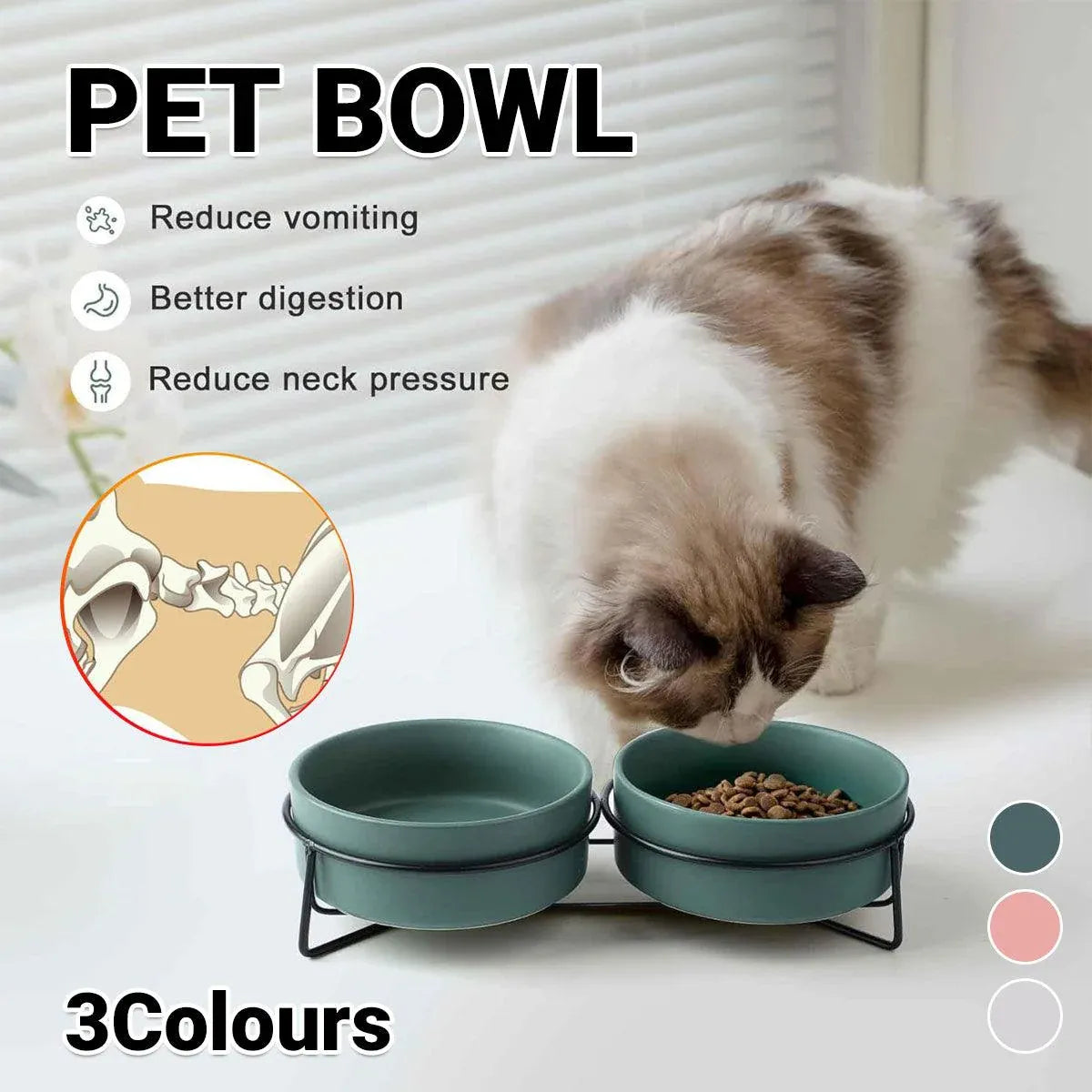 Elevated Ceramic Double Pet Bowl Set with Metal Stand - Green, 2 × 400 mL