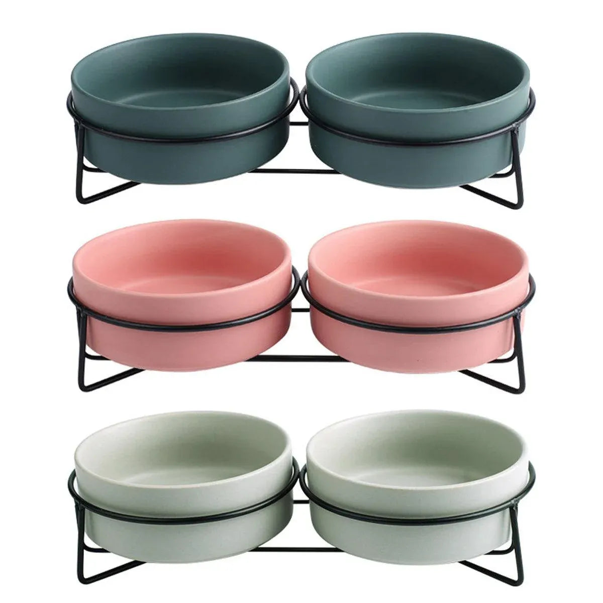 Elevated Ceramic Double Pet Bowl Set with Metal Stand - Green, 2 × 400 mL