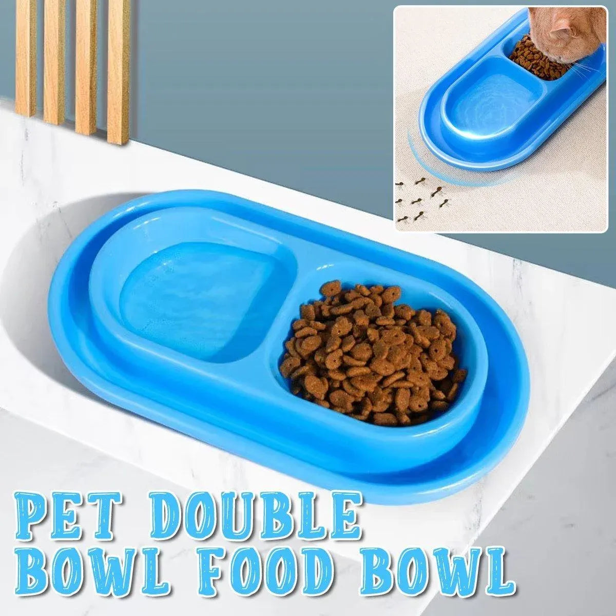 Double-Compartment Cat & Dog Feeding Bowl - Blue, 37 × 20 cm