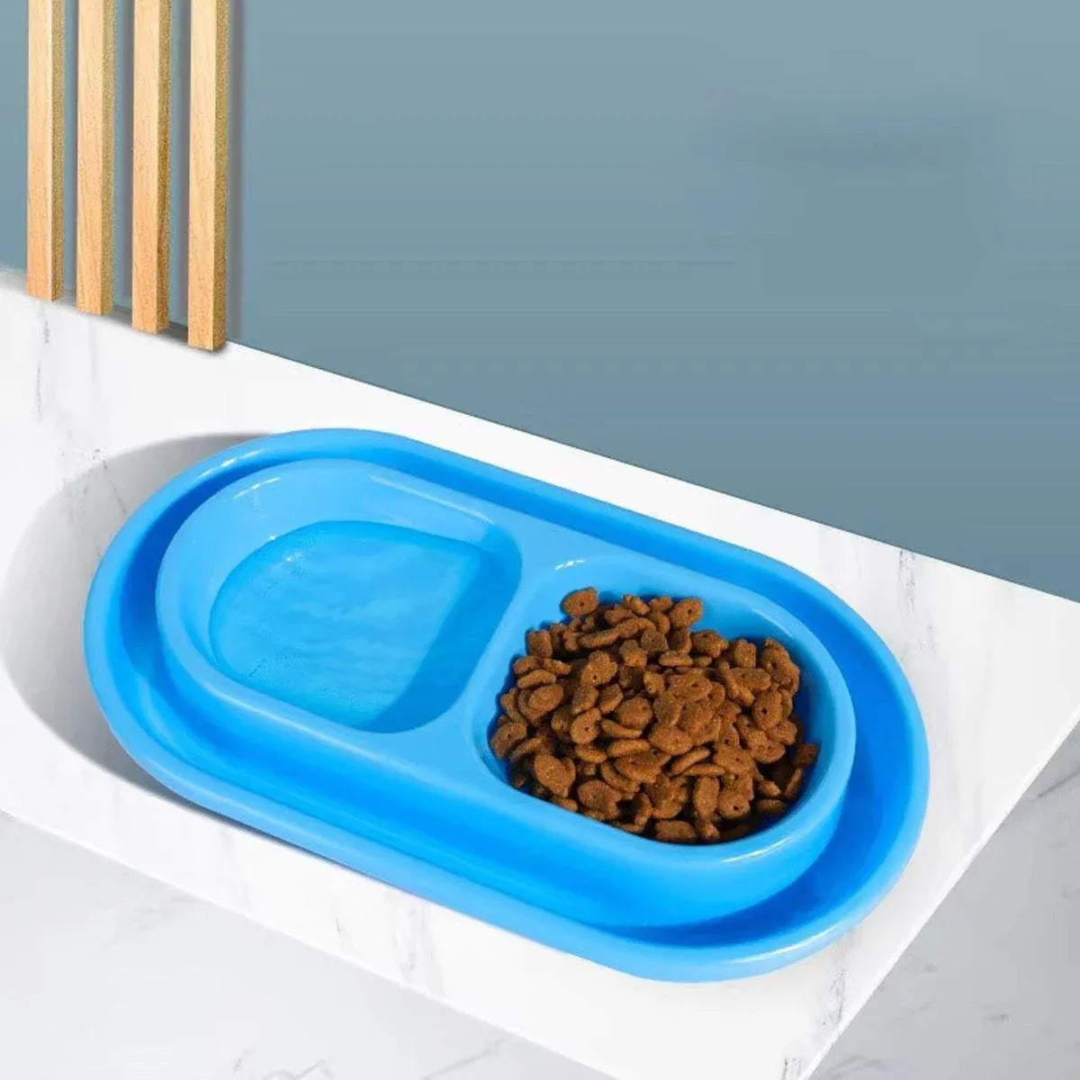 Double-Compartment Cat & Dog Feeding Bowl - Blue, 37 × 20 cm