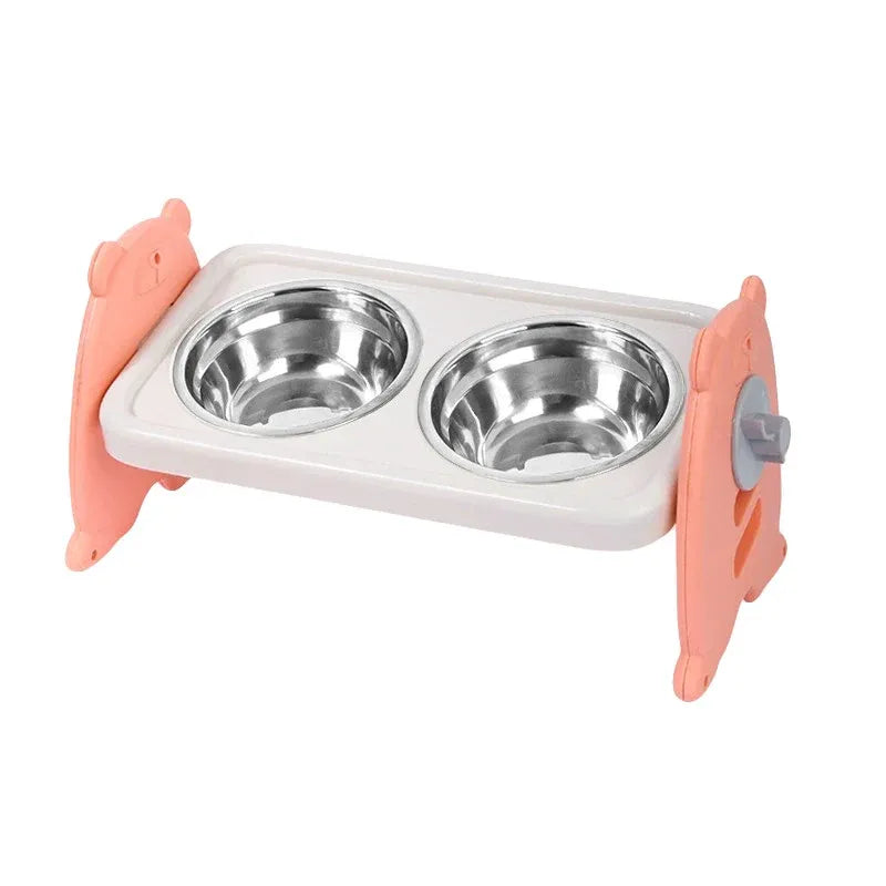 Adjustable Double Pet Feeding Bowls with Stainless Steel Inserts, Pink