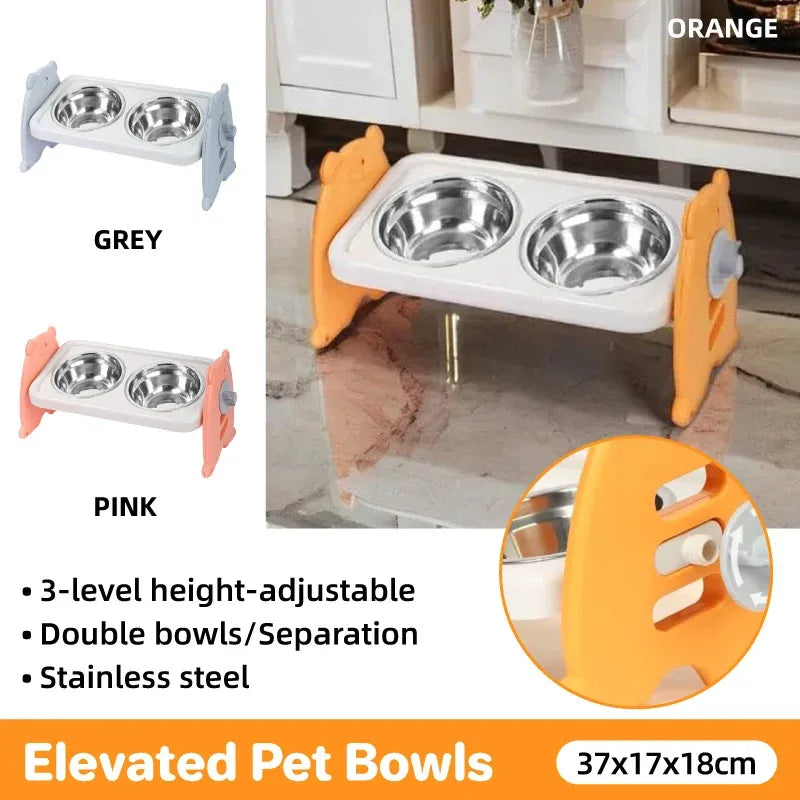 Adjustable Double Pet Feeding Bowls with Stainless Steel Inserts, Pink