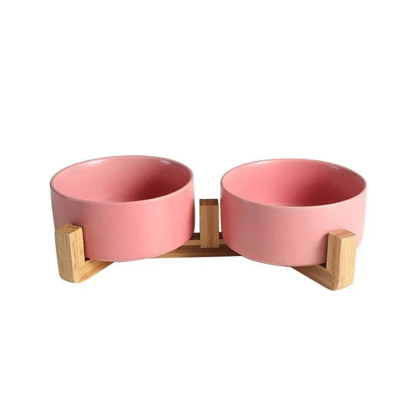 Double Ceramic Pet Feeding Bowls with Bamboo Stand - Pink