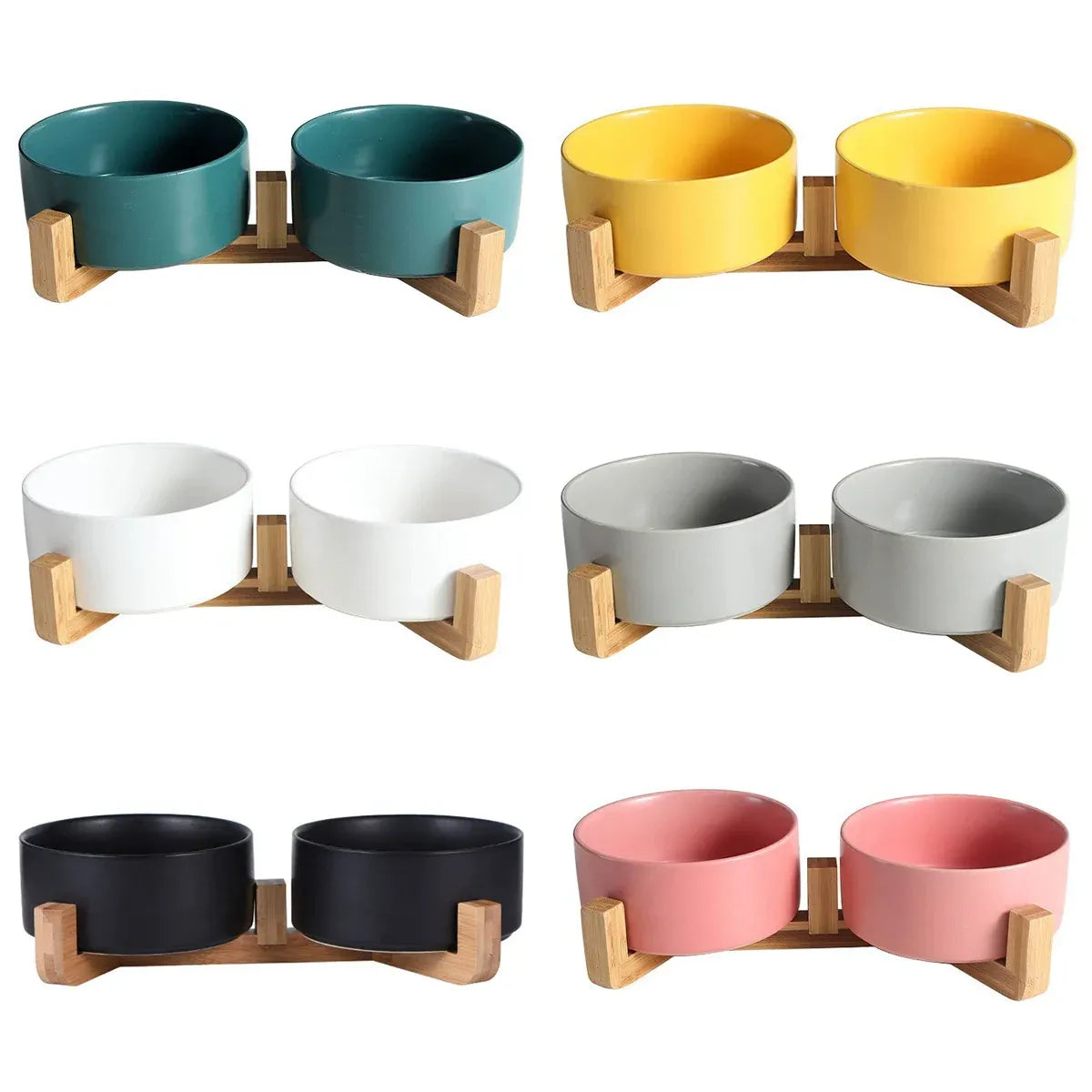 Double Ceramic Pet Feeding Bowls with Bamboo Stand - Pink