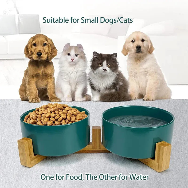 Double Ceramic Pet Feeding Bowls with Bamboo Stand - Pink