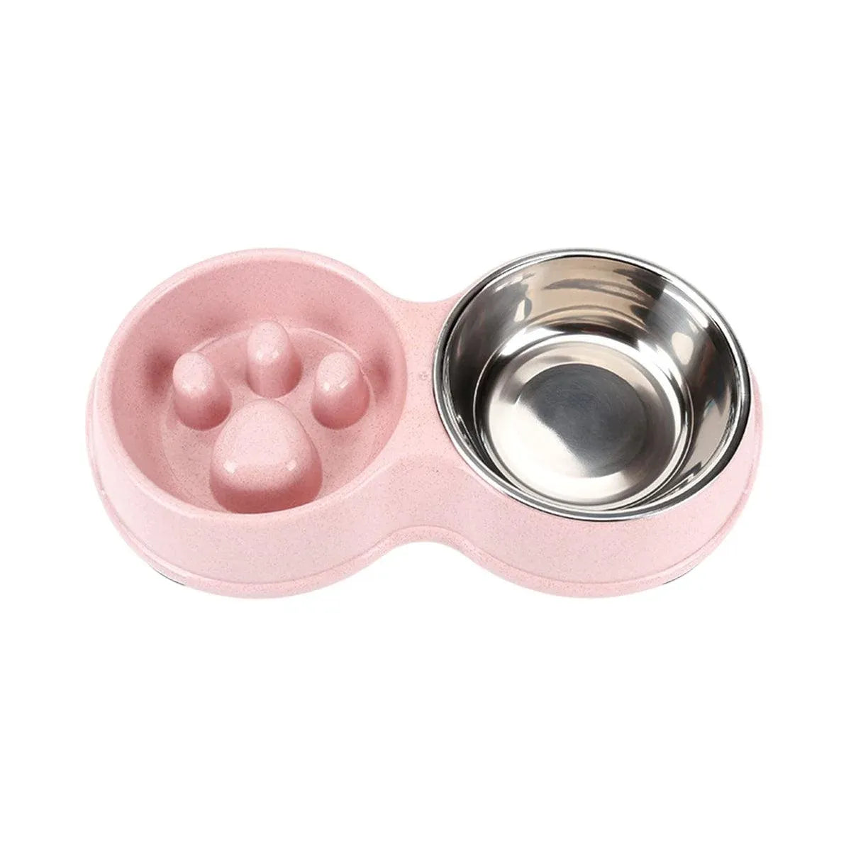 Double Pet Feeding Bowl with Paw-Pattern Slow-Feed Section - Pink