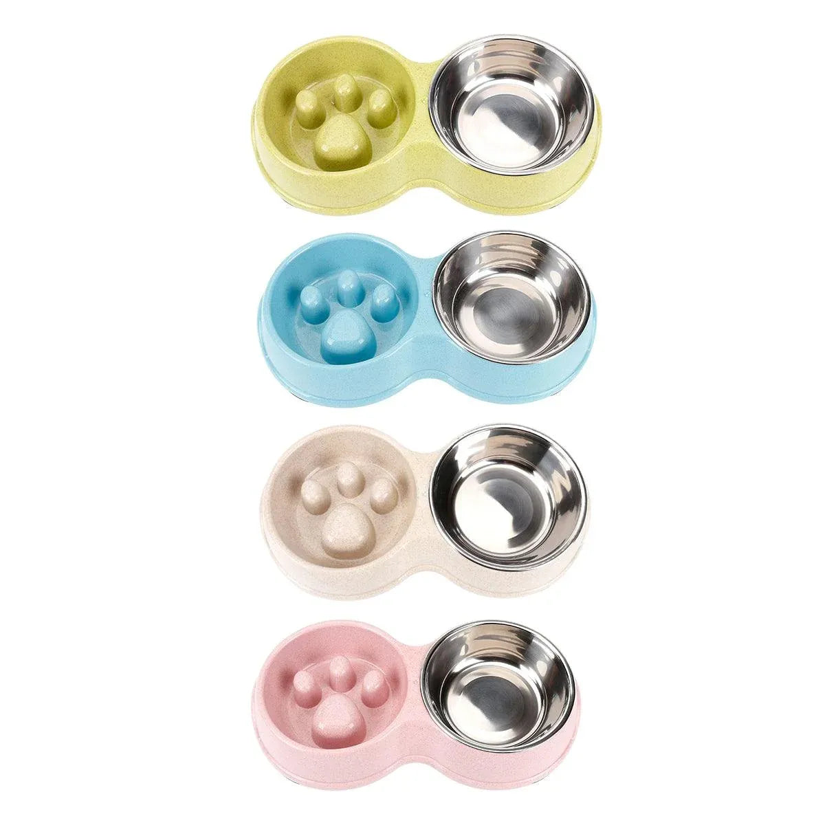 Double Pet Feeding Bowl with Paw-Pattern Slow-Feed Section - Pink