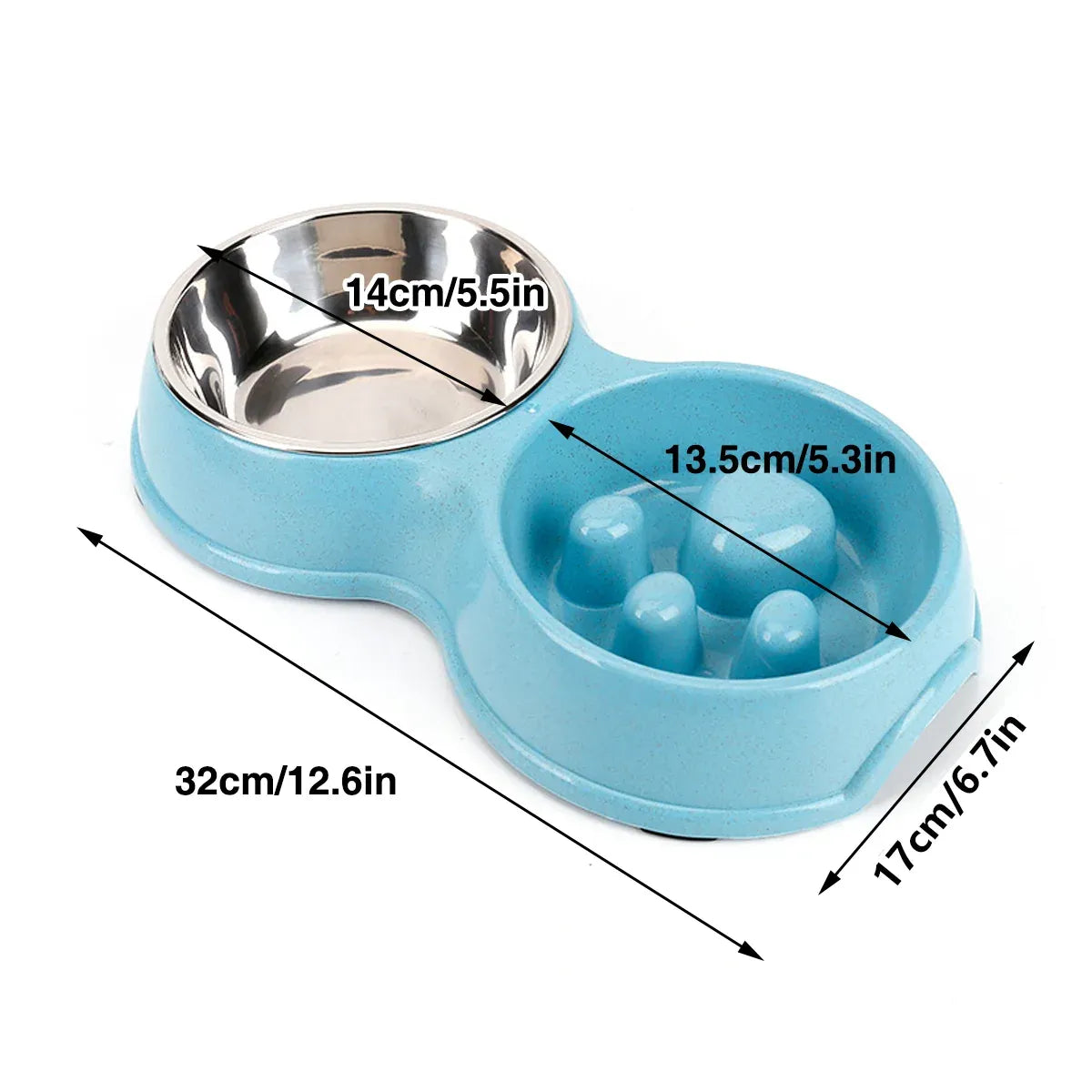 Double Pet Feeding Bowl with Paw-Pattern Slow-Feed Section - Pink