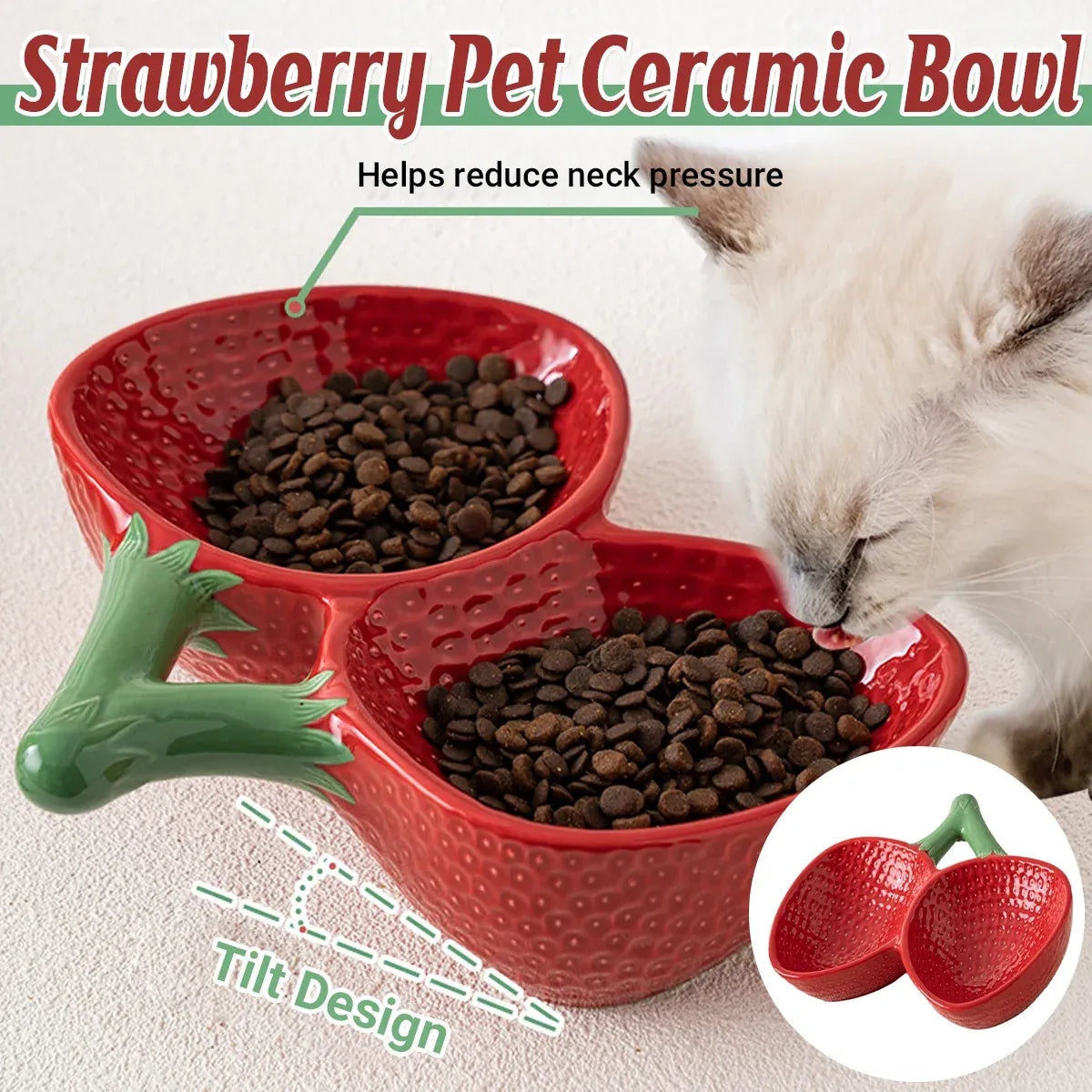 Strawberry-Style Tilted Dual Ceramic Pet Bowl - Red, 25 cm