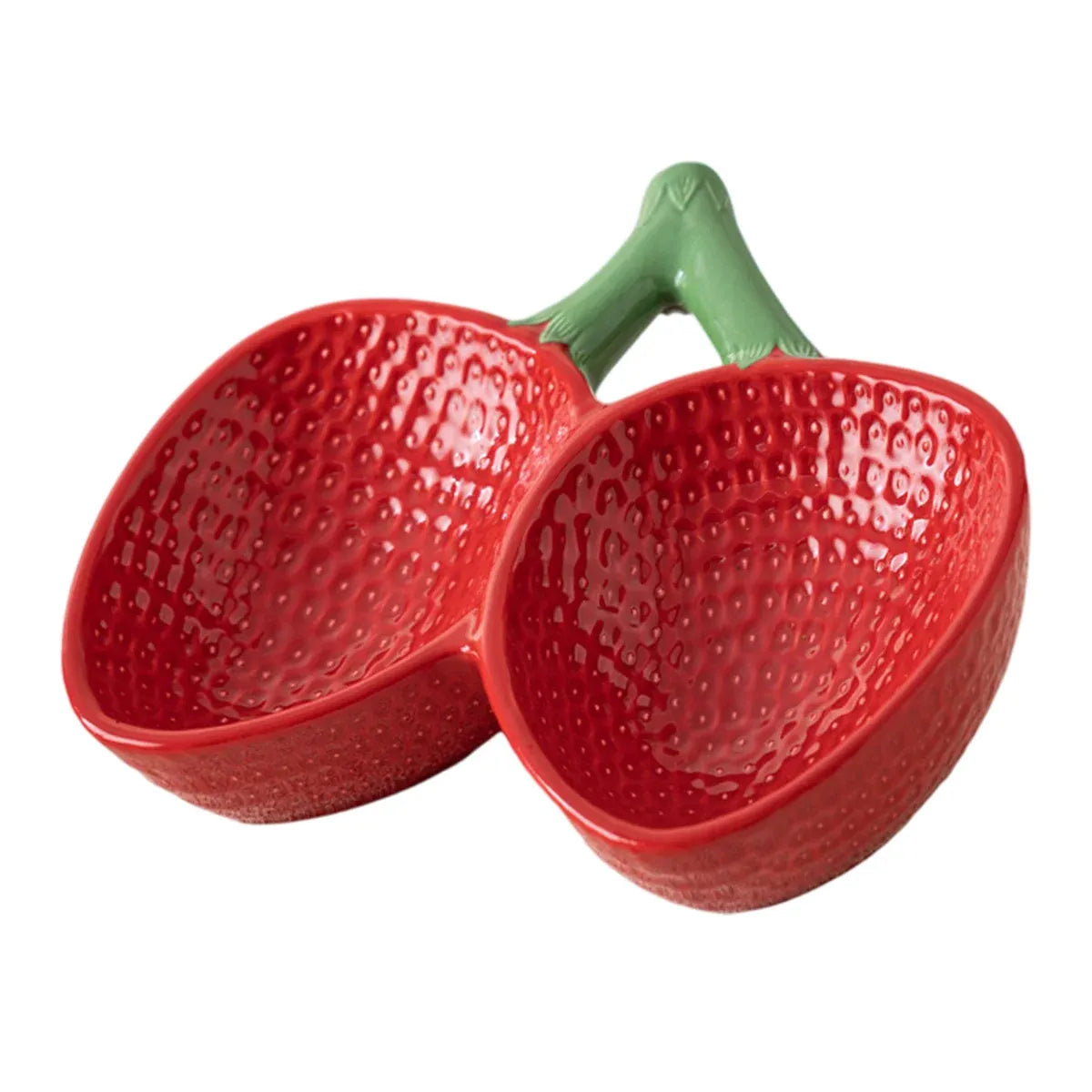 Strawberry-Style Tilted Dual Ceramic Pet Bowl - Red, 25 cm