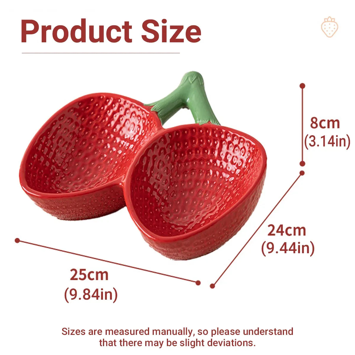 Strawberry-Style Tilted Dual Ceramic Pet Bowl - Red, 25 cm