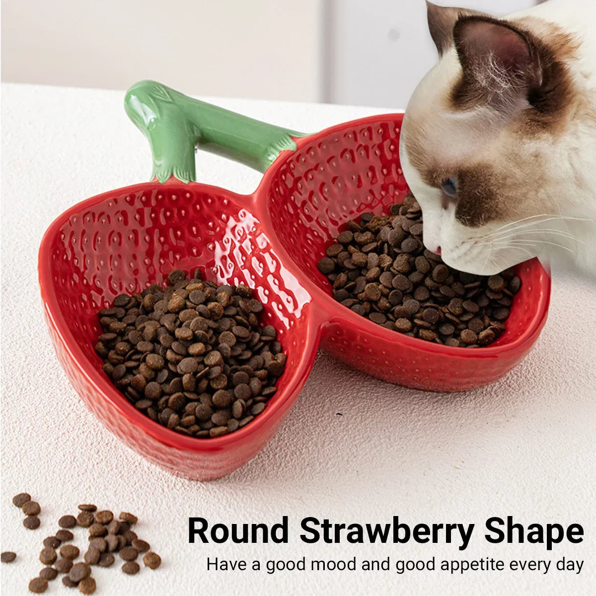 Strawberry-Style Tilted Dual Ceramic Pet Bowl - Red, 25 cm