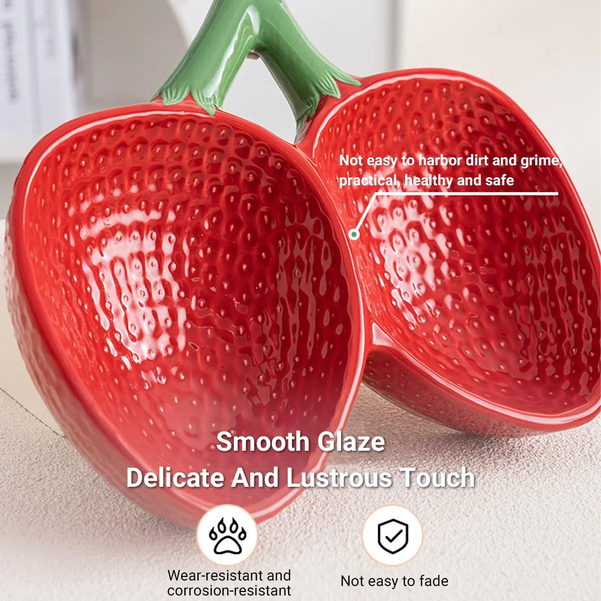 Strawberry-Style Tilted Dual Ceramic Pet Bowl - Red, 25 cm