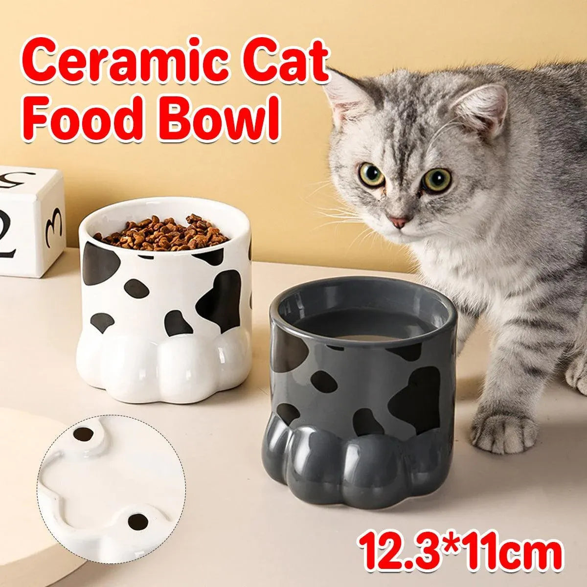 Paw-Shaped Ceramic Cat Food & Water Bowl - White, 260 mL
