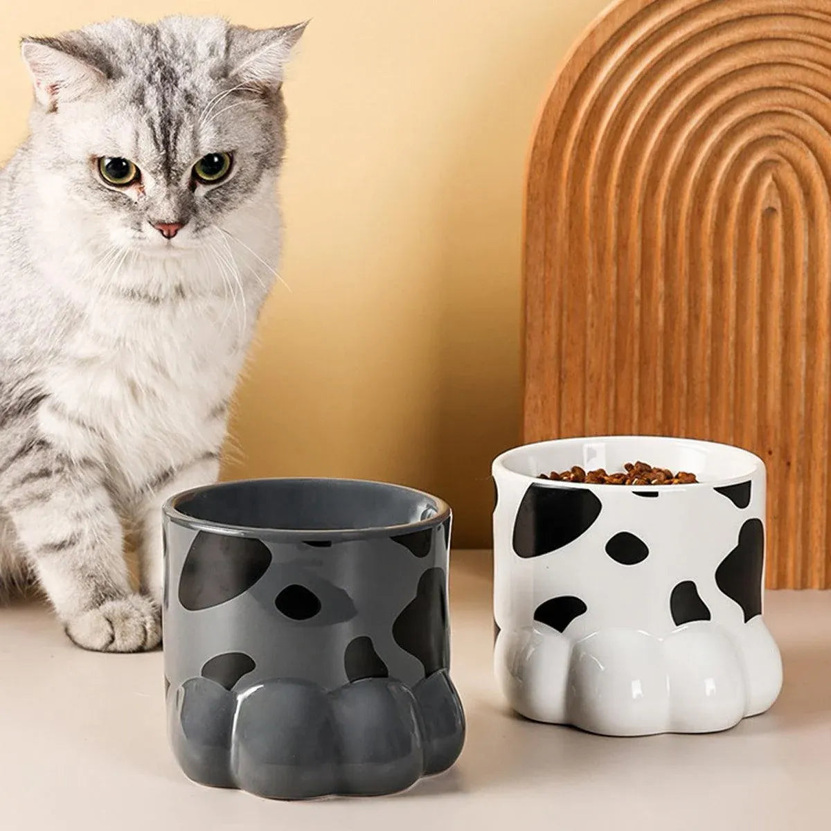 Paw-Shaped Ceramic Cat Food & Water Bowl - White, 260 mL