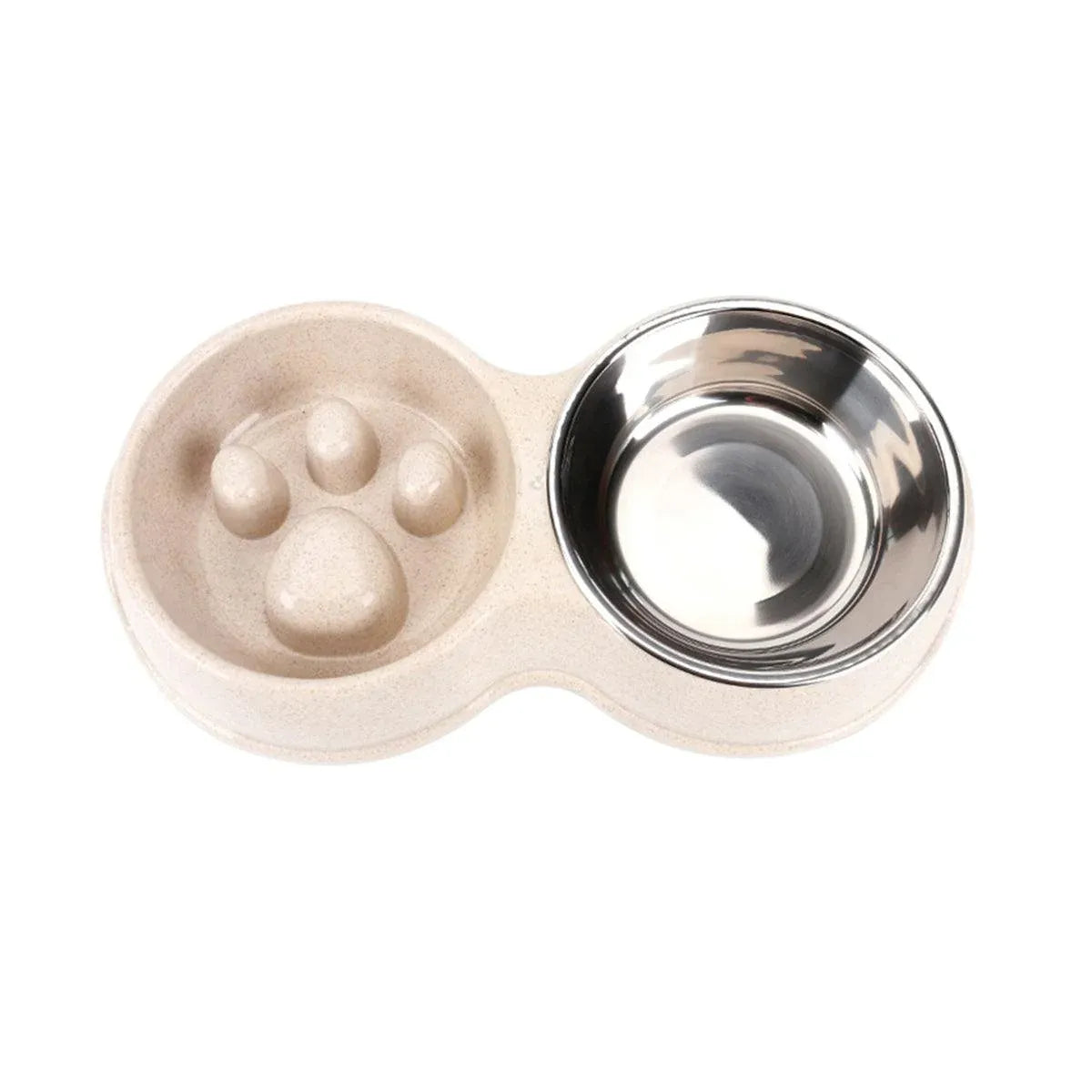 Double Pet Feeding Bowl with Paw-Pattern Slow-Feed Section - White