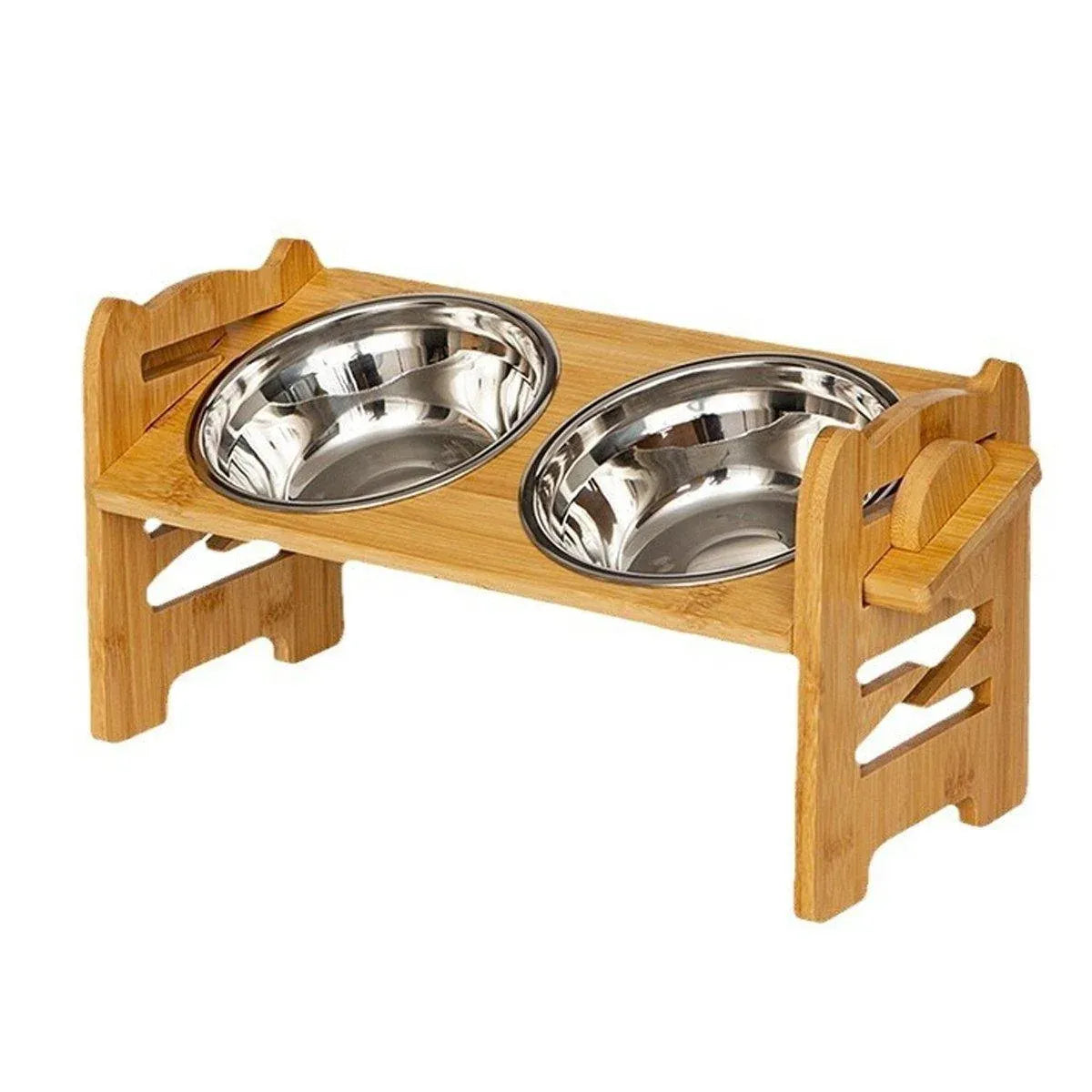 Adjustable Raised Bamboo Pet Feeding Stand with Two Bowls