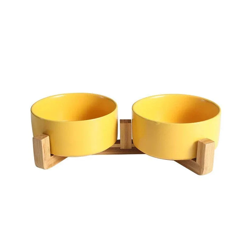 Double Ceramic Pet Feeding Bowls with Bamboo Stand - Yellow