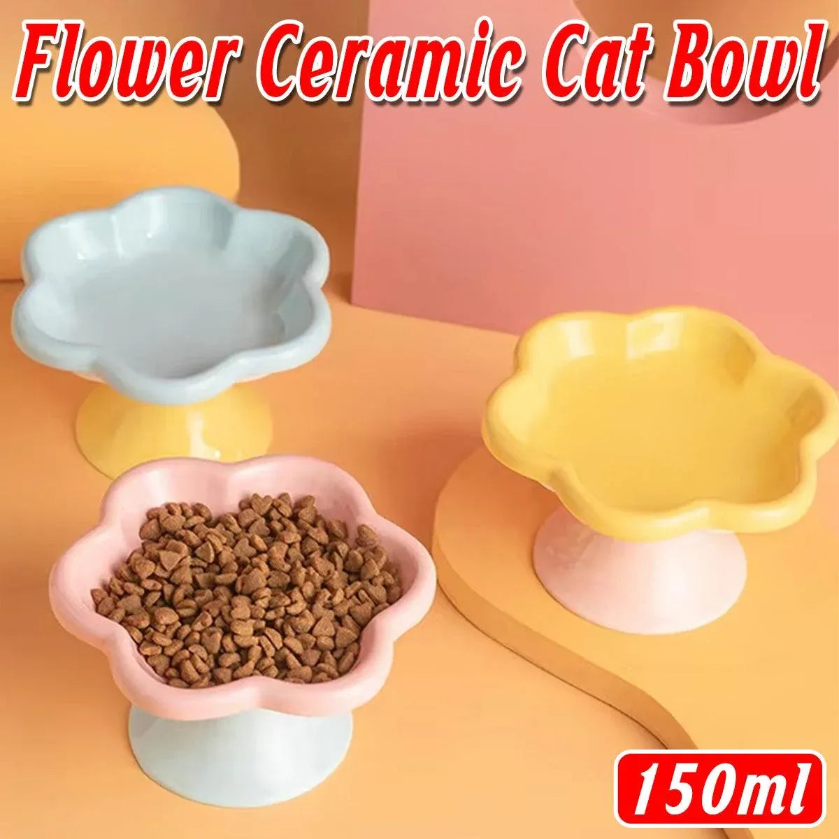 Flower-Shaped Ceramic Cat Food Bowl, Yellow, 150 mL