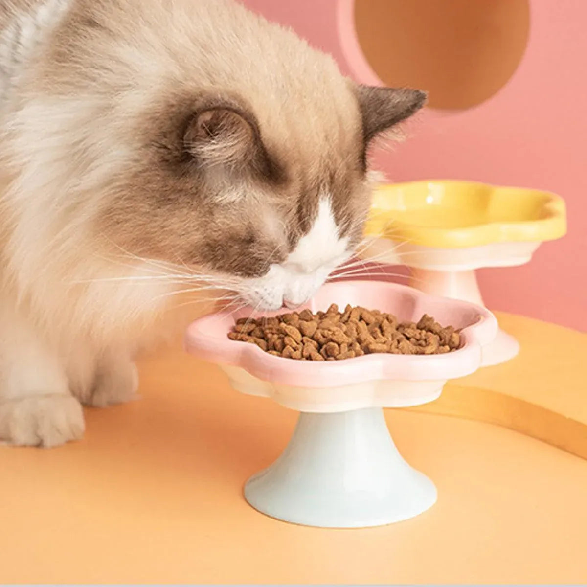 Flower-Shaped Ceramic Cat Food Bowl, Yellow, 150 mL