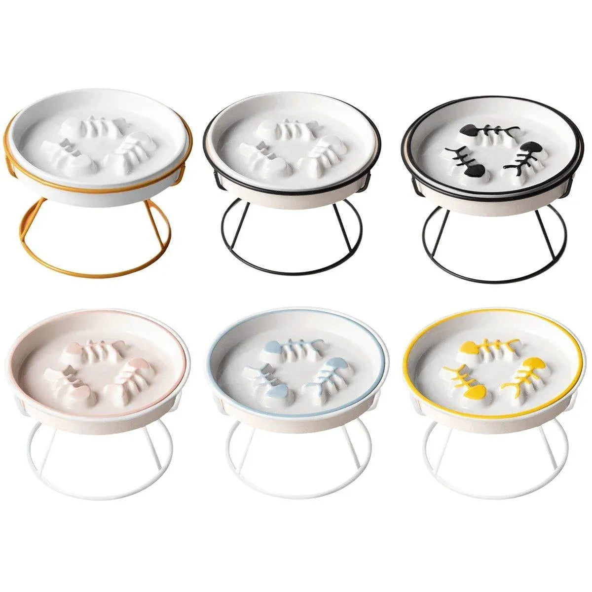 Ceramic Slow-Feeder Cat Bowl with Tray - Yellow/White
