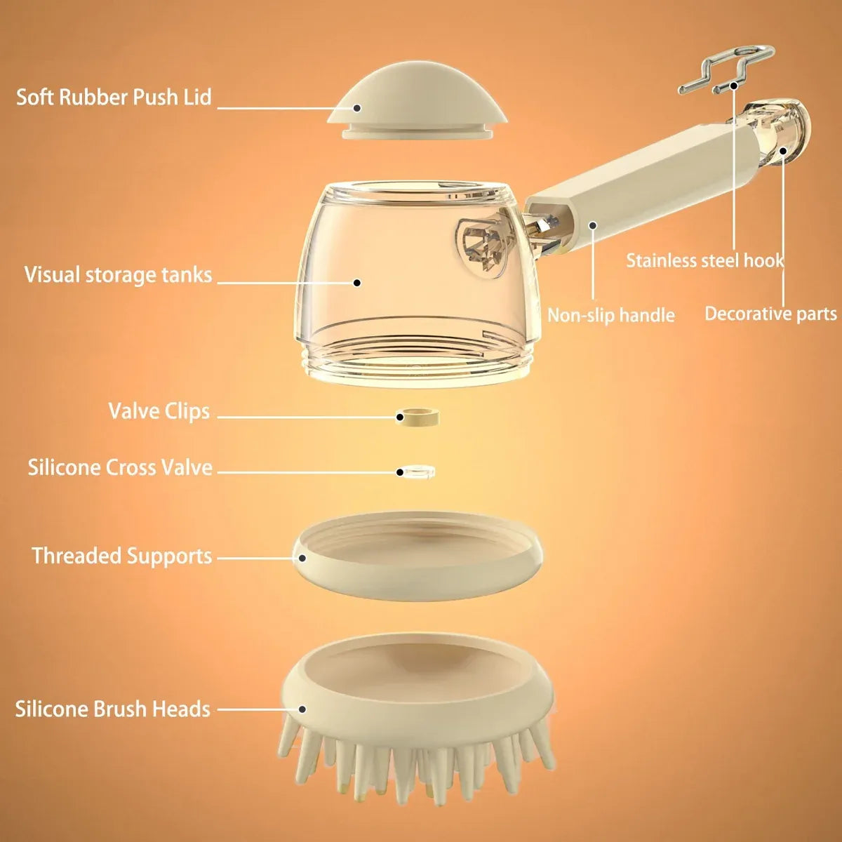 Shampoo-Dispensing Pet Bath & Grooming Brush - Beige